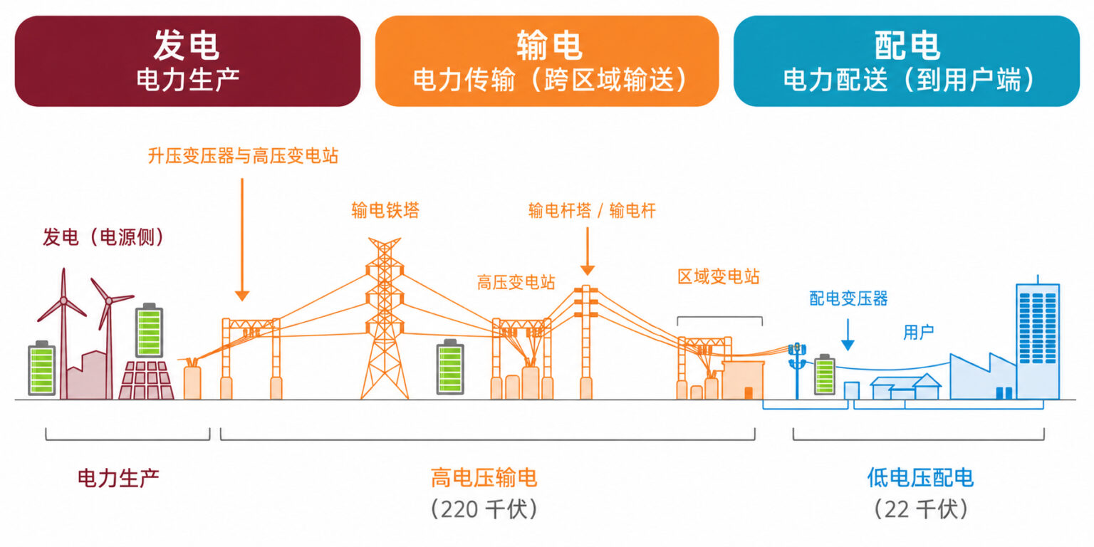 Chinese energy flow diagram showing power generation, high-voltage transmission and low-voltage distribution, with batteries, towers, substations and users.